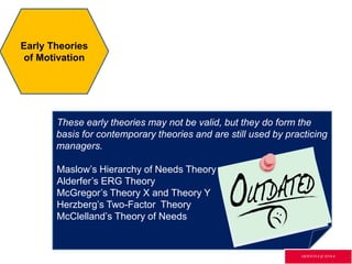 Early Theories
of Motivation
These early theories may not be valid, but they do form the
basis for contemporary theories and are still used by practicing
managers.
Maslow’s Hierarchy of Needs Theory
Alderfer’s ERG Theory
McGregor’s Theory X and Theory Y
Herzberg’s Two-Factor Theory
McClelland’s Theory of Needs
GR3ETCH.4 @2014.4
 