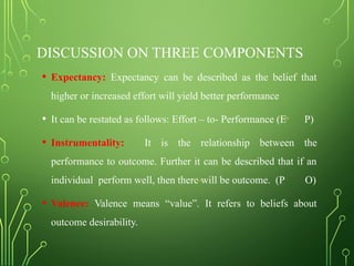 DISCUSSION ON THREE COMPONENTS
• Expectancy: Expectancy can be described as the belief that
higher or increased effort will yield better performance
• It can be restated as follows: Effort – to- Performance (E P)
• Instrumentality: It is the relationship between the
performance to outcome. Further it can be described that if an
individual perform well, then there will be outcome. (P O)
• Valence: Valence means “value”. It refers to beliefs about
outcome desirability.
 