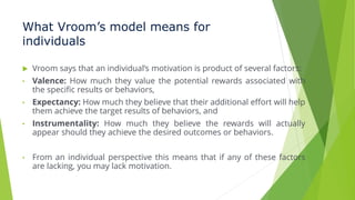 What Vroom’s model means for
individuals
 Vroom says that an individual’s motivation is product of several factors:
• Valence: How much they value the potential rewards associated with
the specific results or behaviors,
• Expectancy: How much they believe that their additional effort will help
them achieve the target results of behaviors, and
• Instrumentality: How much they believe the rewards will actually
appear should they achieve the desired outcomes or behaviors.
• From an individual perspective this means that if any of these factors
are lacking, you may lack motivation.
 