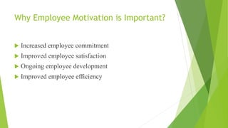Why Employee Motivation is Important?
 Increased employee commitment
 Improved employee satisfaction
 Ongoing employee development
 Improved employee efficiency
 