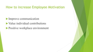 How to increase Employee Motivation
 Improve communication
 Value individual contributions
 Positive workplace environment
 