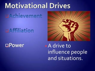 PowerMotivational DrivesA drive to relate people effectively.Achievement