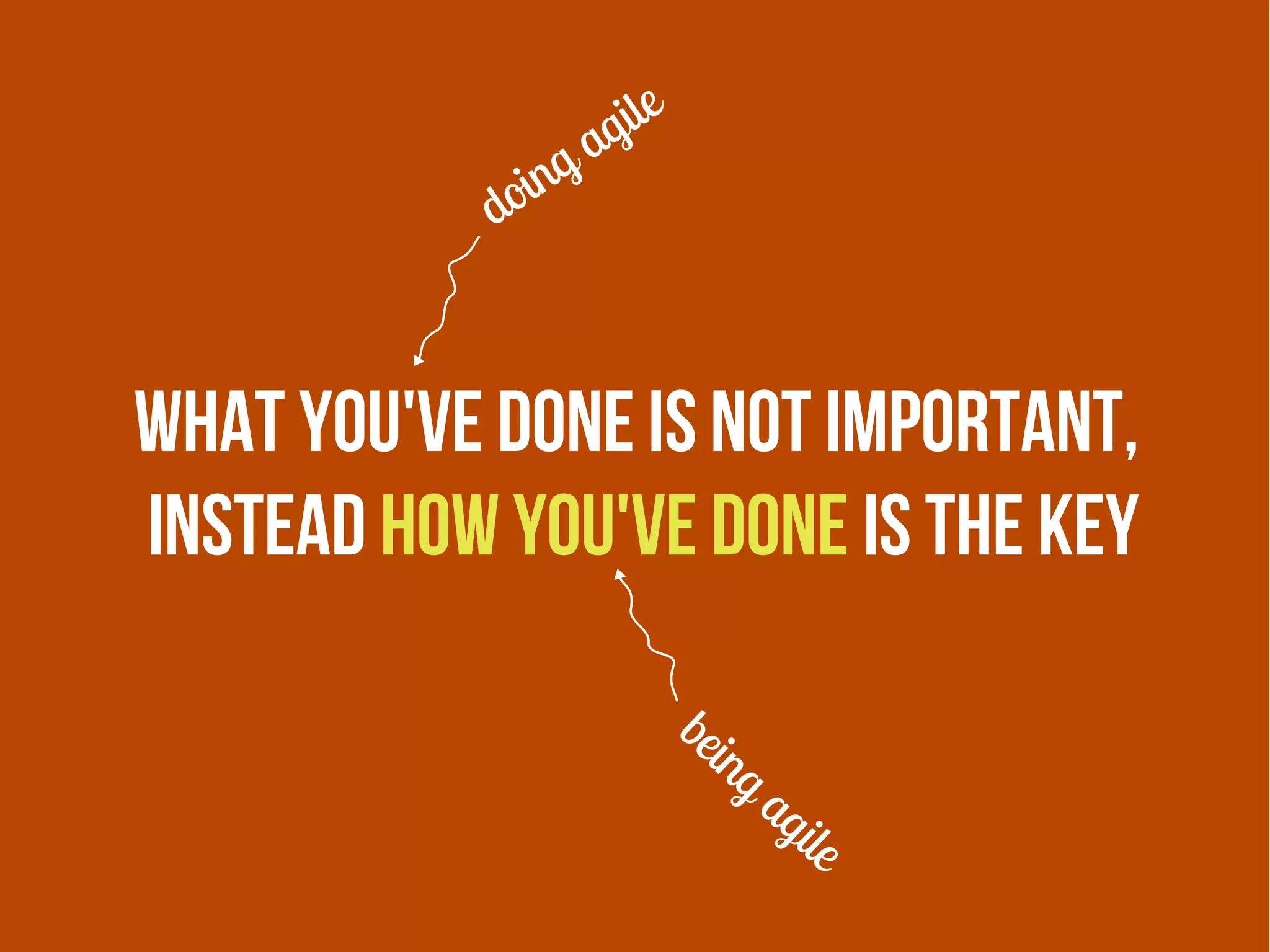 ile
                     ag
               ing
            do



What you've done is not important,
instead how you've done is the key

                             be
                               ing
                                     ag
                                          ile
 