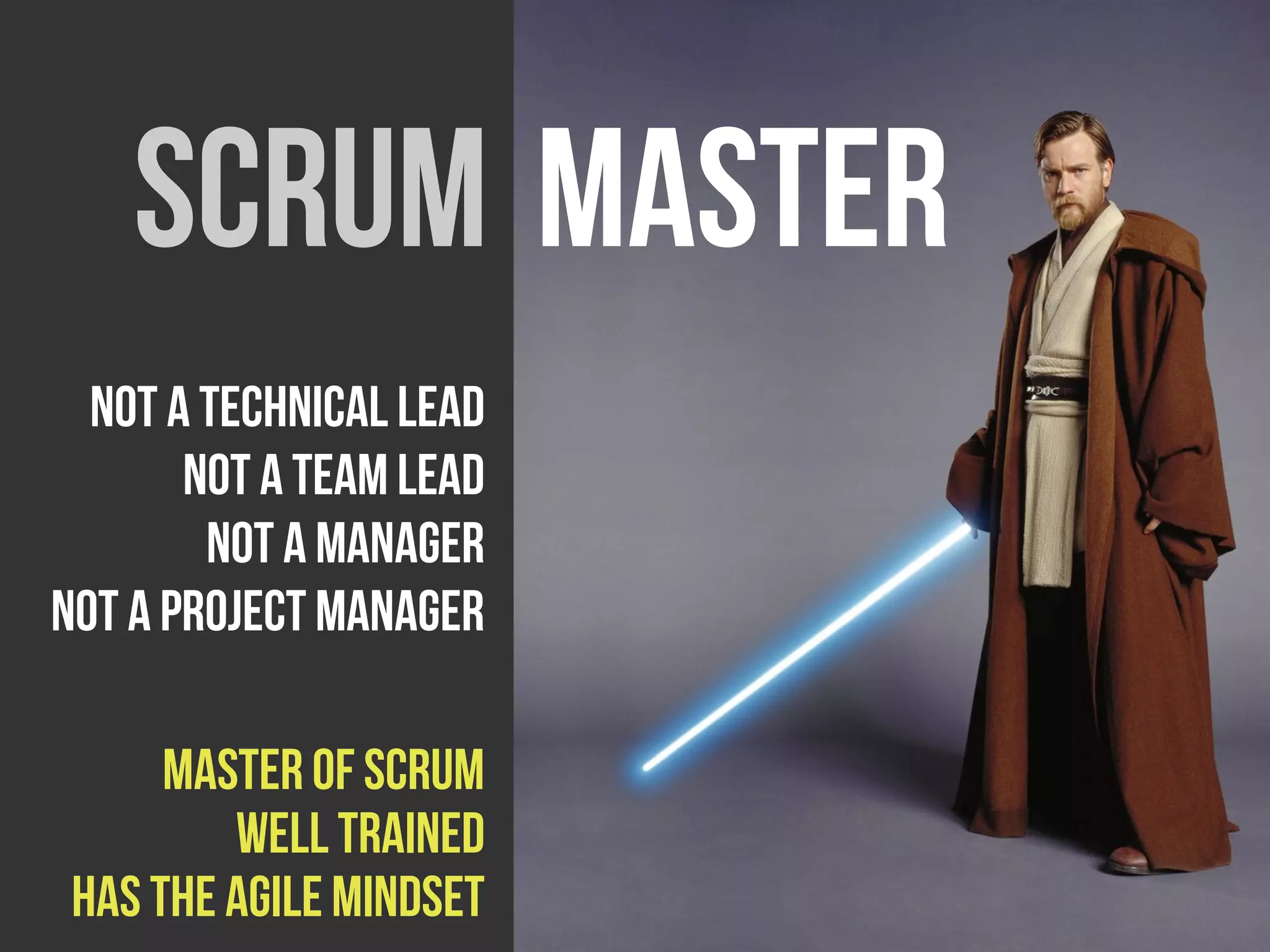 scrum master
  Not a technical lead
       Not a team lead
        Not a manager
Not a project manager

      Master of scrum
         Well trained
 Has the agile mindset
 
