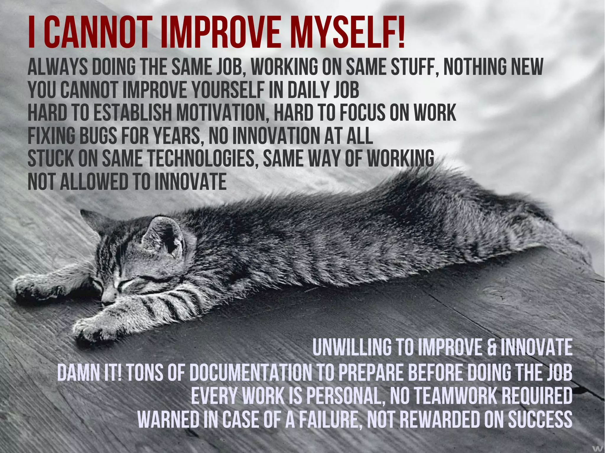 I cannot improve myself!
Always doıng the same job, workıng on same stuff, nothing new
You cannot ımprove yourself ın daıly job
Hard to establish motivation, hard to focus on work
Fixing bugs for years, no innovation at all
Stuck on same technologies, same way of working
Not allowed to ınnovate




                                   Unwilling to ımprove & ınnovate
   Damn it! Tons of documentation to prepare before doıng the job
                    Every work is personal, no teamwork required
             Warned in case of a failure, not rewarded on success
 