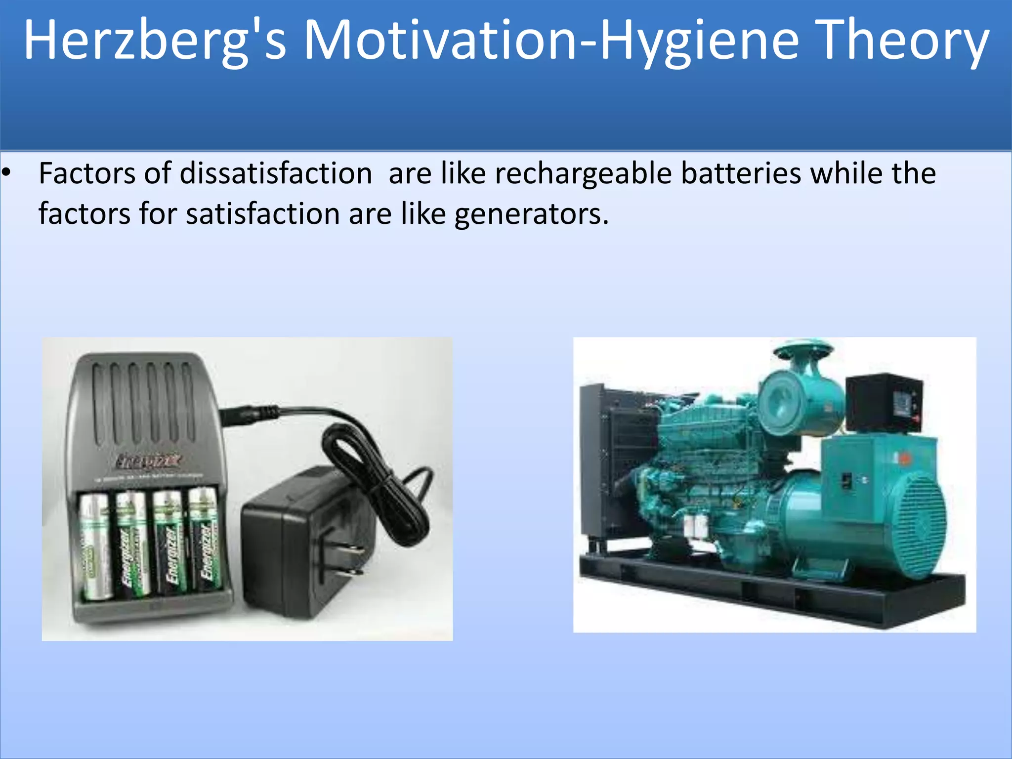 Herzberg's Motivation-Hygiene Theory
• Factors of dissatisfaction are like rechargeable batteries while the
factors for satisfaction are like generators.
 