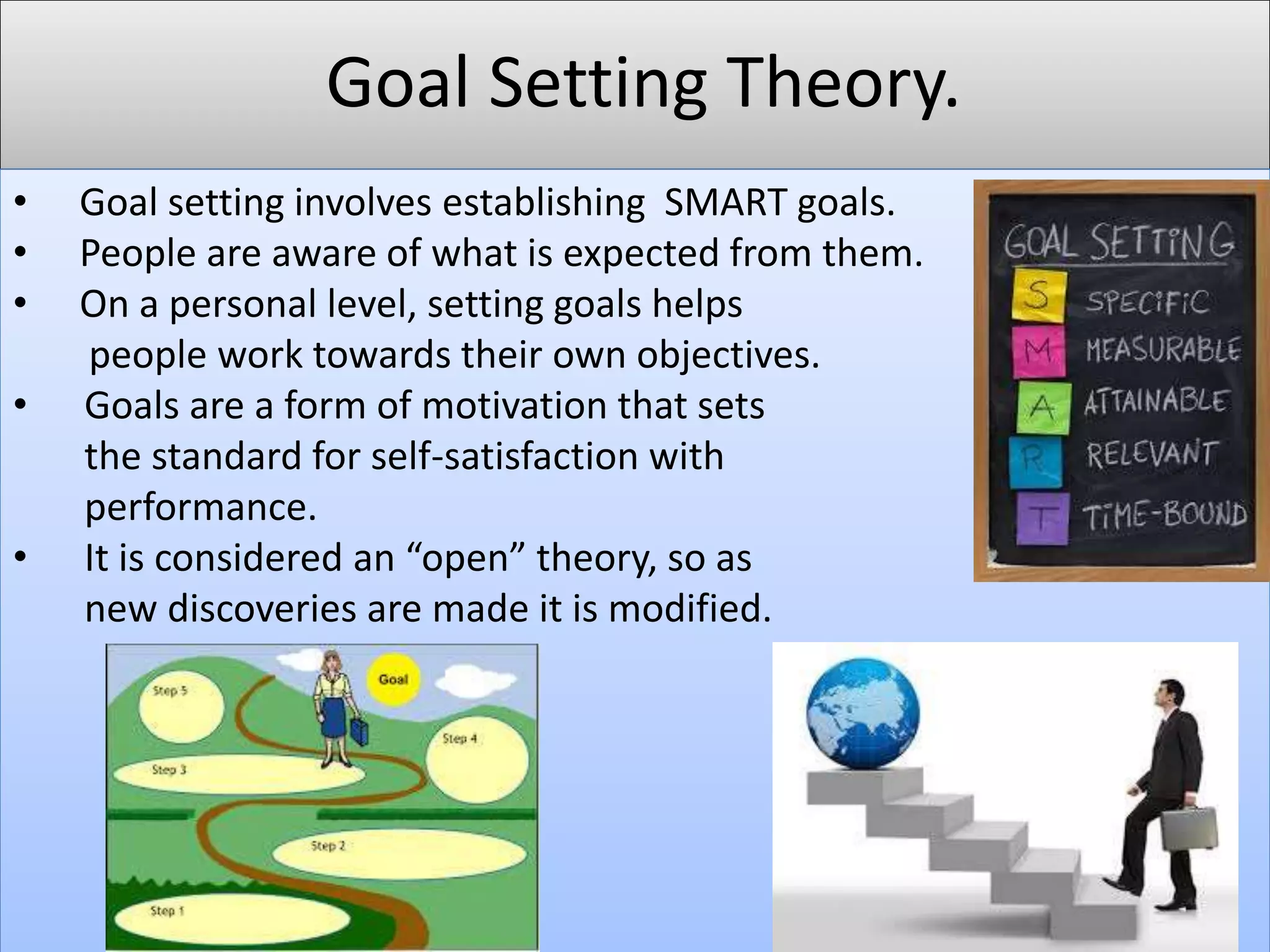 Goal Setting Theory.
• Goal setting involves establishing SMART goals.
• People are aware of what is expected from them.
• On a personal level, setting goals helps
people work towards their own objectives.
• Goals are a form of motivation that sets
the standard for self-satisfaction with
performance.
• It is considered an “open” theory, so as
new discoveries are made it is modified.
 