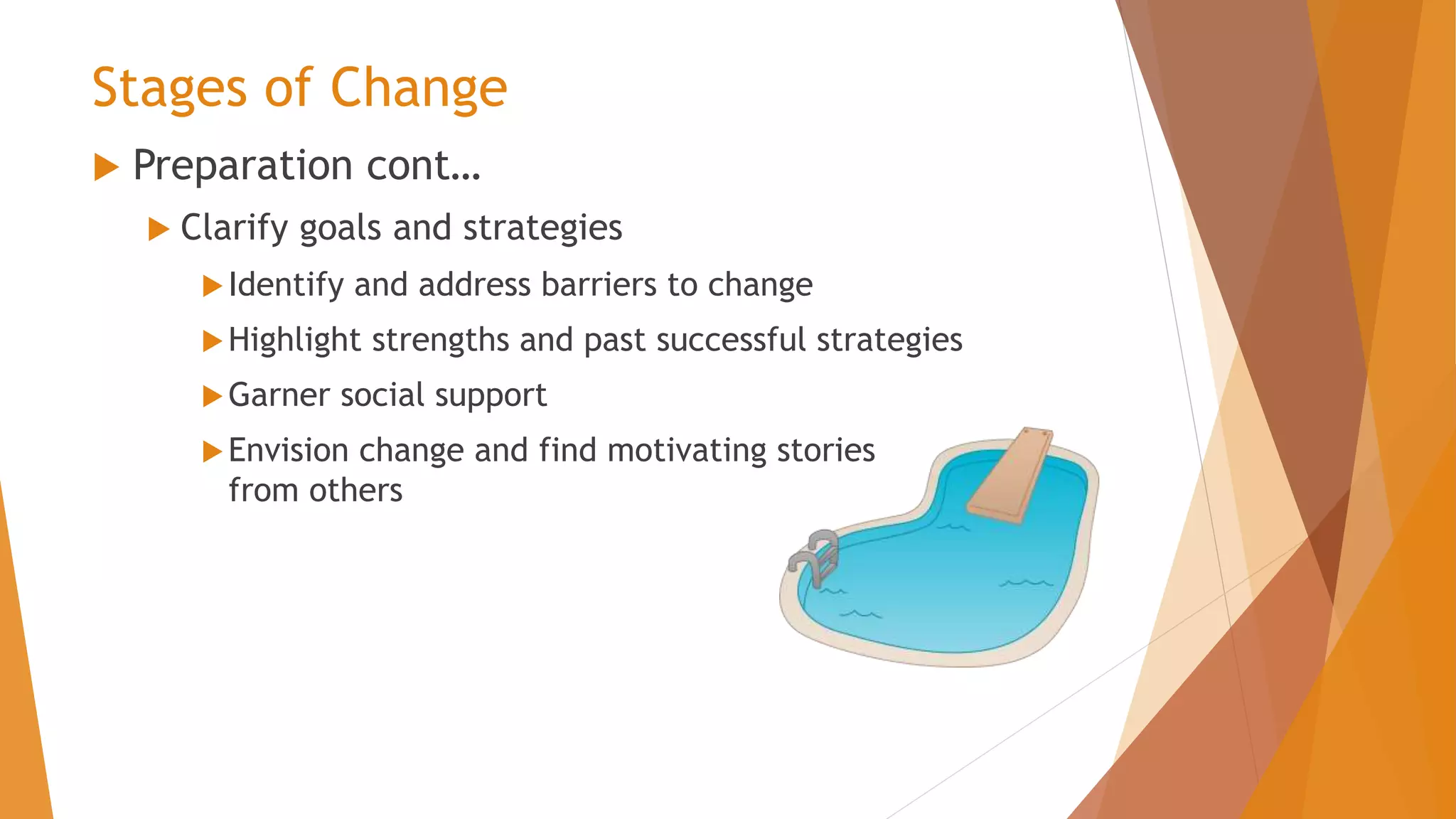 Stages of Change
 Preparation cont…
 Clarify goals and strategies
Identify and address barriers to change
Highlight strengths and past successful strategies
Garner social support
Envision change and find motivating stories
from others
 