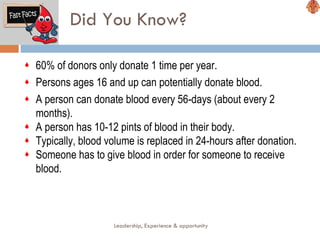Did You Know? 60% of donors only donate 1 time per year.  Persons ages 16 and up can potentially donate blood. A person can donate blood every 56-days (about every 2 months). A person has 10-12 pints of blood in their body. Typically, blood volume is replaced in 24-hours after donation. Someone has to give blood in order for someone to receive blood. Leadership, Experience & opportunity 