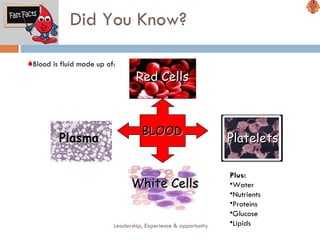 Did You Know? Leadership, Experience & opportunity Blood is fluid made up of: Plus:   Water Nutrients Proteins Glucose Lipids BLOOD Plasma Red Cells Platelets White Cells 