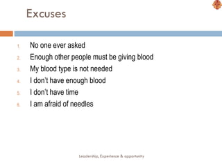 Excuses No one ever asked  Enough other people must be giving blood My blood type is not needed I don’t have enough blood  I don’t have time I am afraid of needles Leadership, Experience & opportunity 