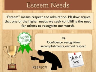 Esteem Needs
“Esteem” means respect and admiration. Maslow argues
that one of the higher needs we seek to fulﬁll is the need
for others to recognize our worth.
#4
Conﬁdence, recognition,
accomplishments, earned respect.
 