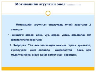 Мотивацийн агуулгын онол:.............

Мотивацийн агуулгын онолуудад хүний хэрэгцээг 2
ангилдаг.
1. Анхдагч: өмсөх, идэх, уух, амрах, унтах, амьсгалах гм/
физиологийн хэрэгцээ/
2. Хоёрдогч: Үйл ажиллагаандаа амжилт гаргах эрмэлзэл,
хүндлүүлэх, хамт олондоо

хамааралтай

байх, эрх

мэдэлтэй байх/ оюун санаа сэтгэл зүйн хэрэгцээ /

 