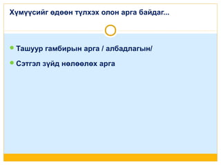 Хүмүүсийг өдөөн түлхэх олон арга байдаг...

 Ташуур гамбирын арга / албадлагын/
 Сэтгэл зүйд нөлөөлөх арга

 