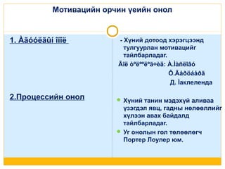 Мотивацийн орчин үеийн онол

1. Àãóóëãûí îíîë

2.Процессийн онол

- Хүний дотоод хэрэгцээнд
тулгуурлан мотивацийг
тайлбарладаг.
Ãîë òºëººëºã÷èä: À.Ìàñëîâó
Ô.Ãåðöáåðã
Д. Ìаклеленда
 Хүний танин мэдэхүй аливаа

үзэгдэл явц, гадны нөлөөллийг
хүлээн авах байдалд
тайлбарладаг.
 Уг онолын гол төлөөлөгч
Портер Лоулер юм.

 