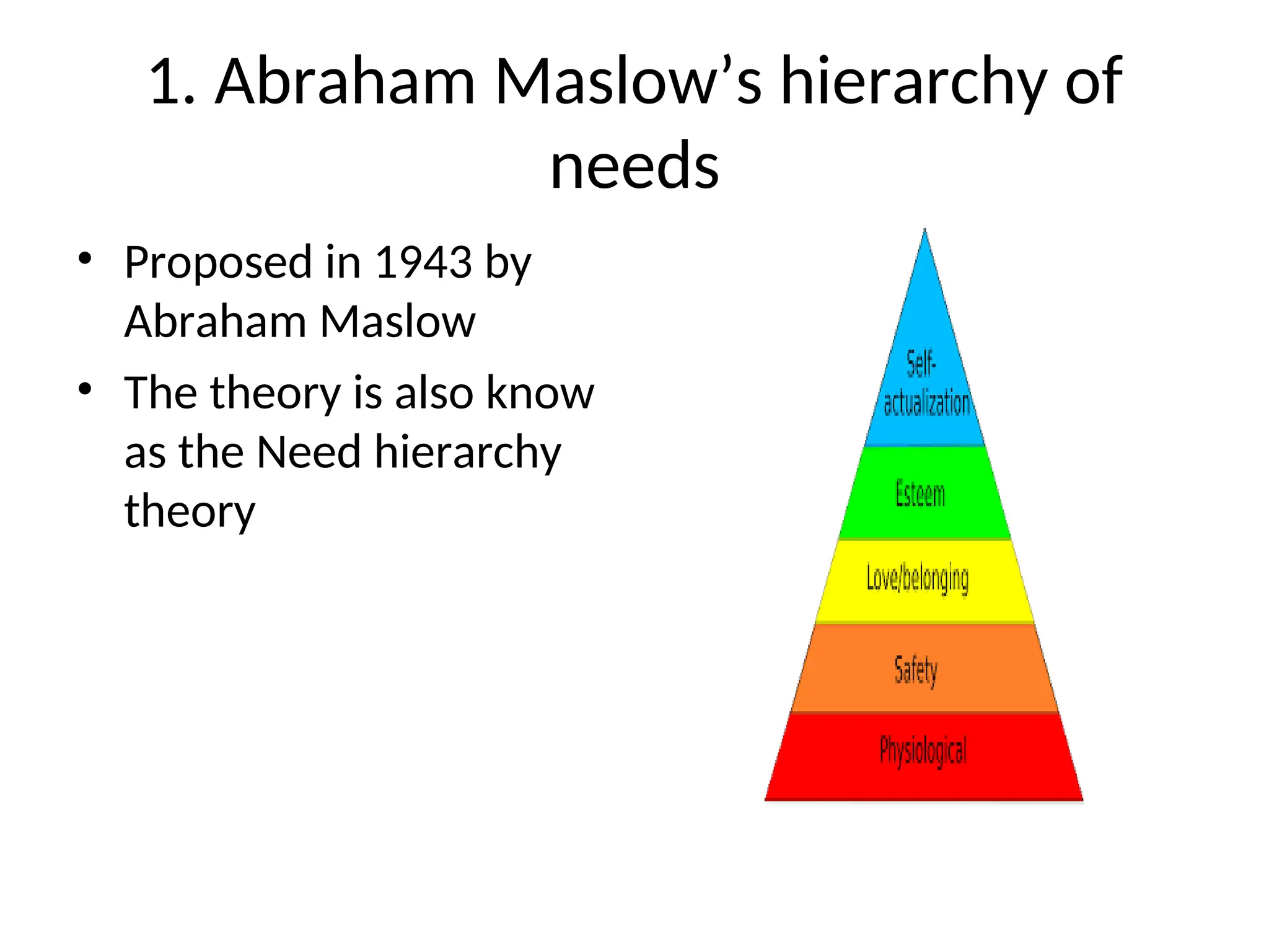 1. Abraham Maslow’s hierarchy of
needs
• Proposed in 1943 by
Abraham Maslow
• The theory is also know
as the Need hierarchy
theory
 