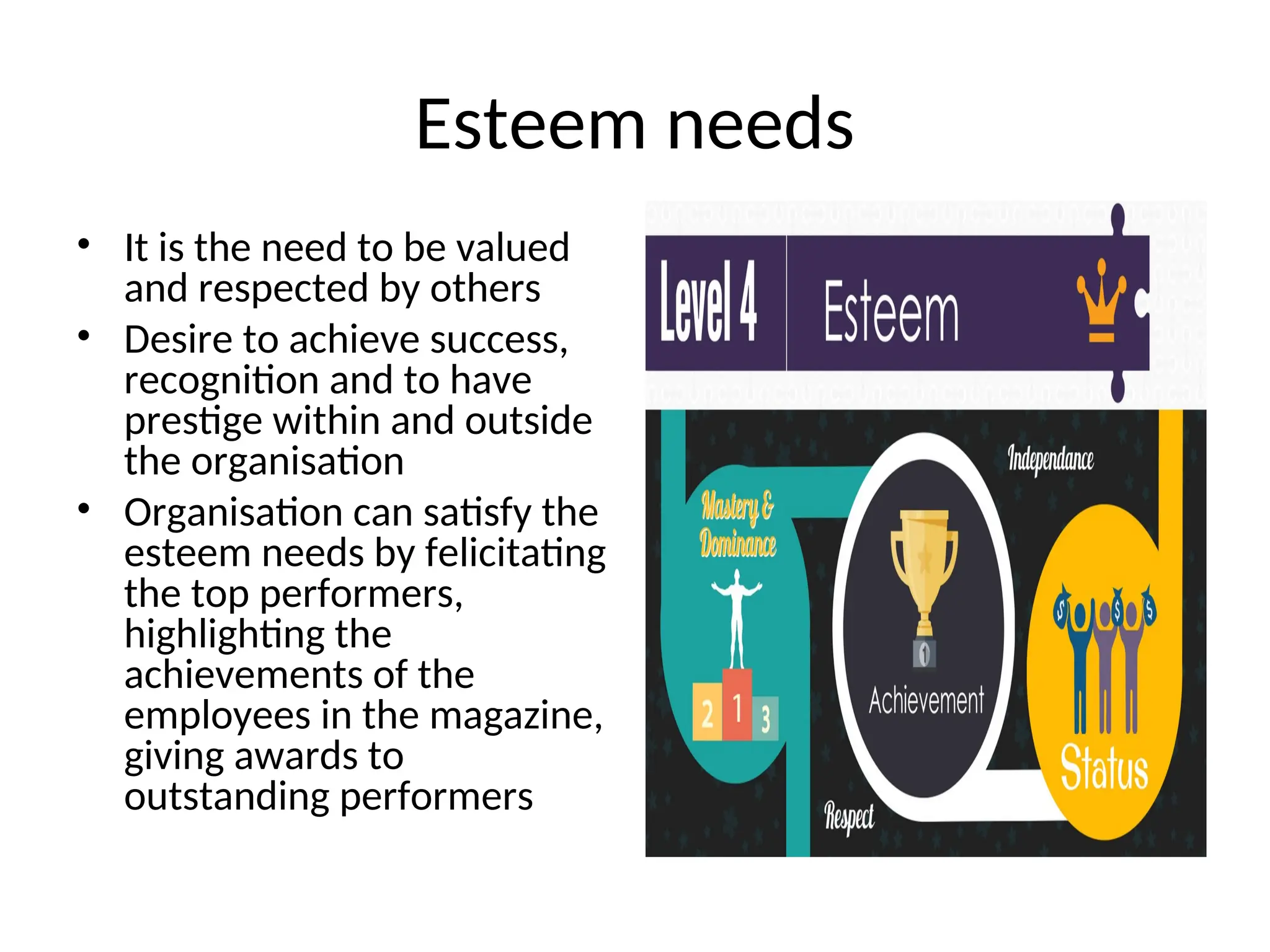 Esteem needs
• It is the need to be valued
and respected by others
• Desire to achieve success,
recognition and to have
prestige within and outside
the organisation
• Organisation can satisfy the
esteem needs by felicitating
the top performers,
highlighting the
achievements of the
employees in the magazine,
giving awards to
outstanding performers
 