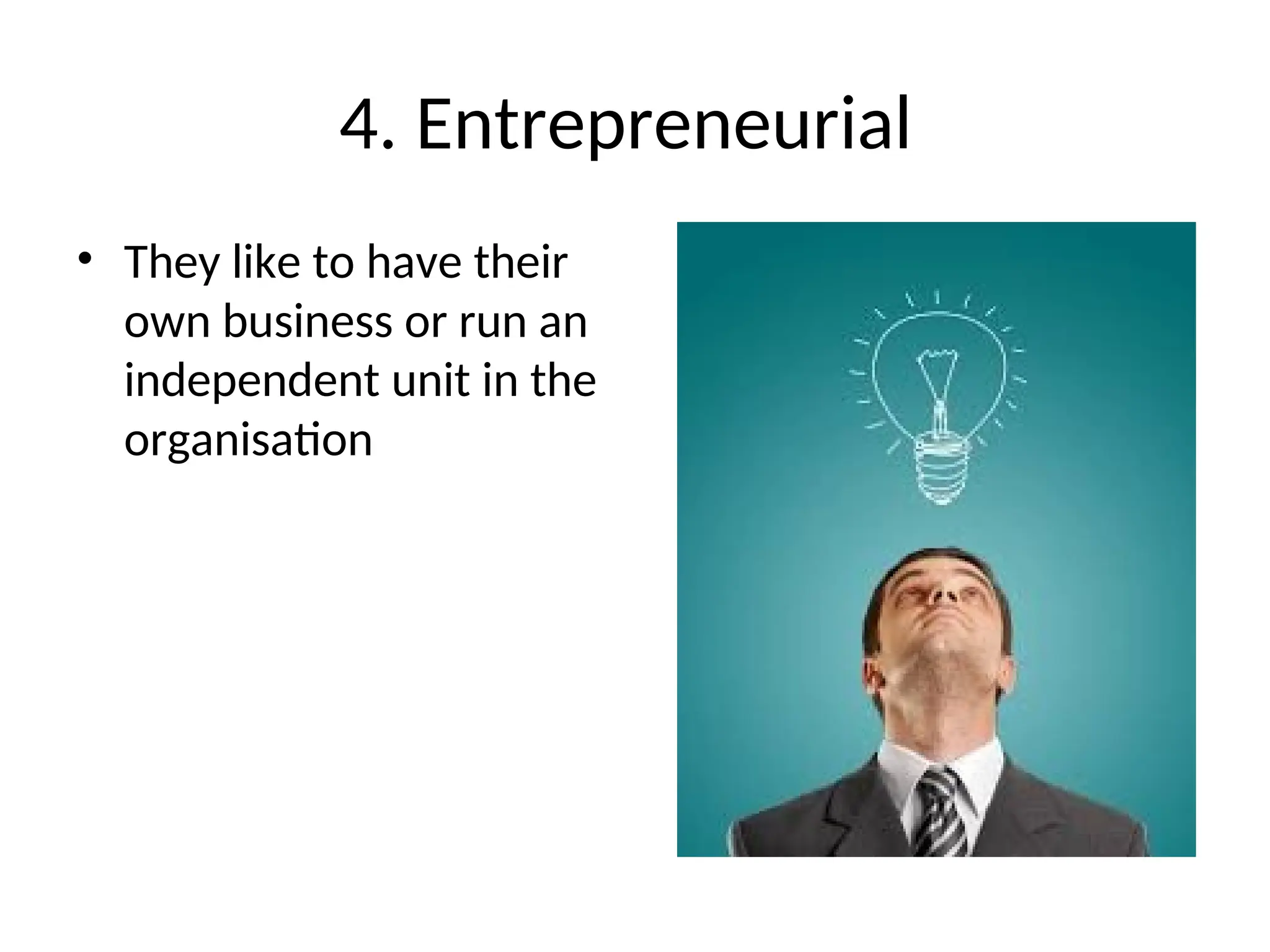 4. Entrepreneurial
• They like to have their
own business or run an
independent unit in the
organisation
 
