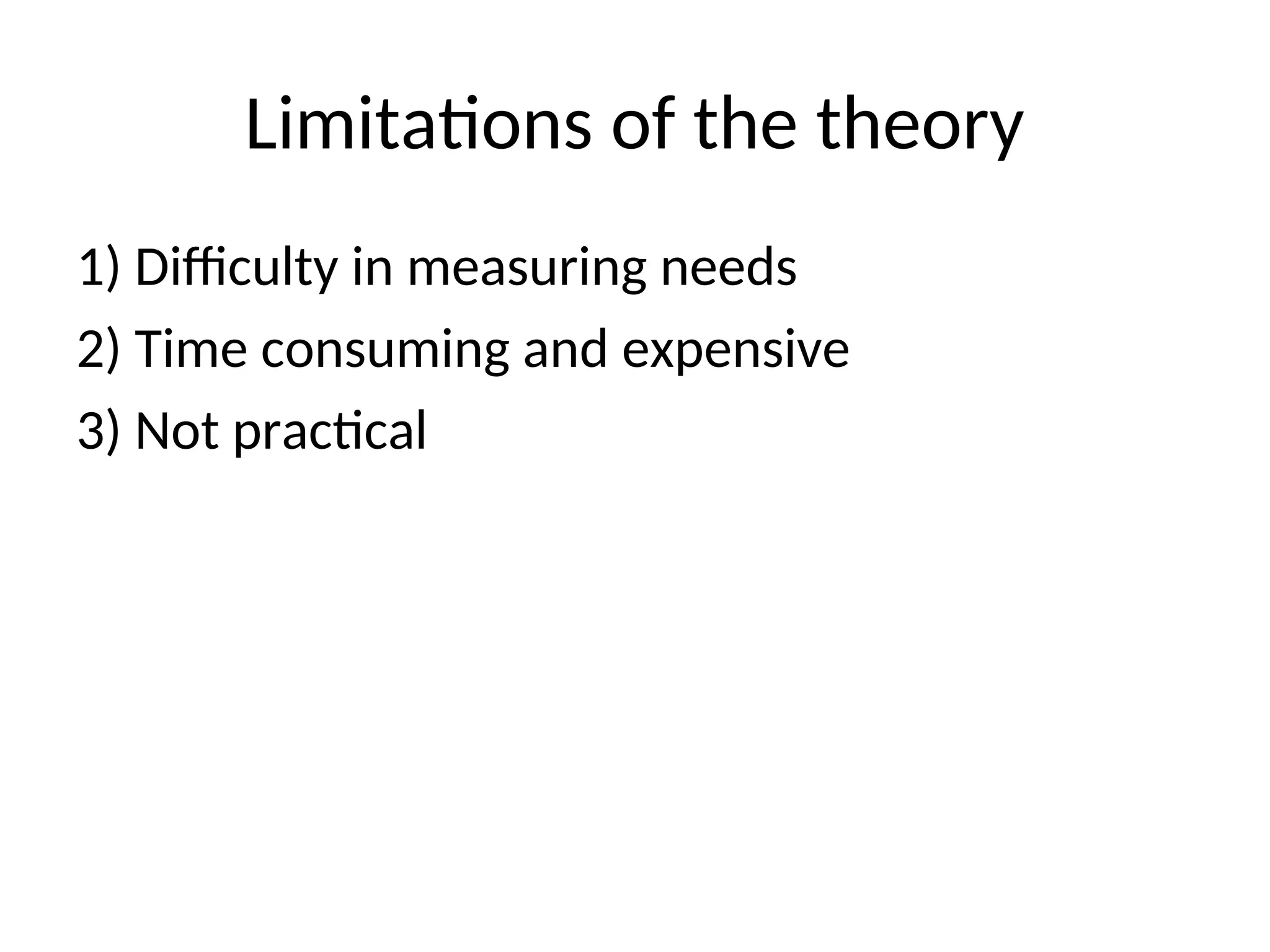 Limitations of the theory
1) Difficulty in measuring needs
2) Time consuming and expensive
3) Not practical
 