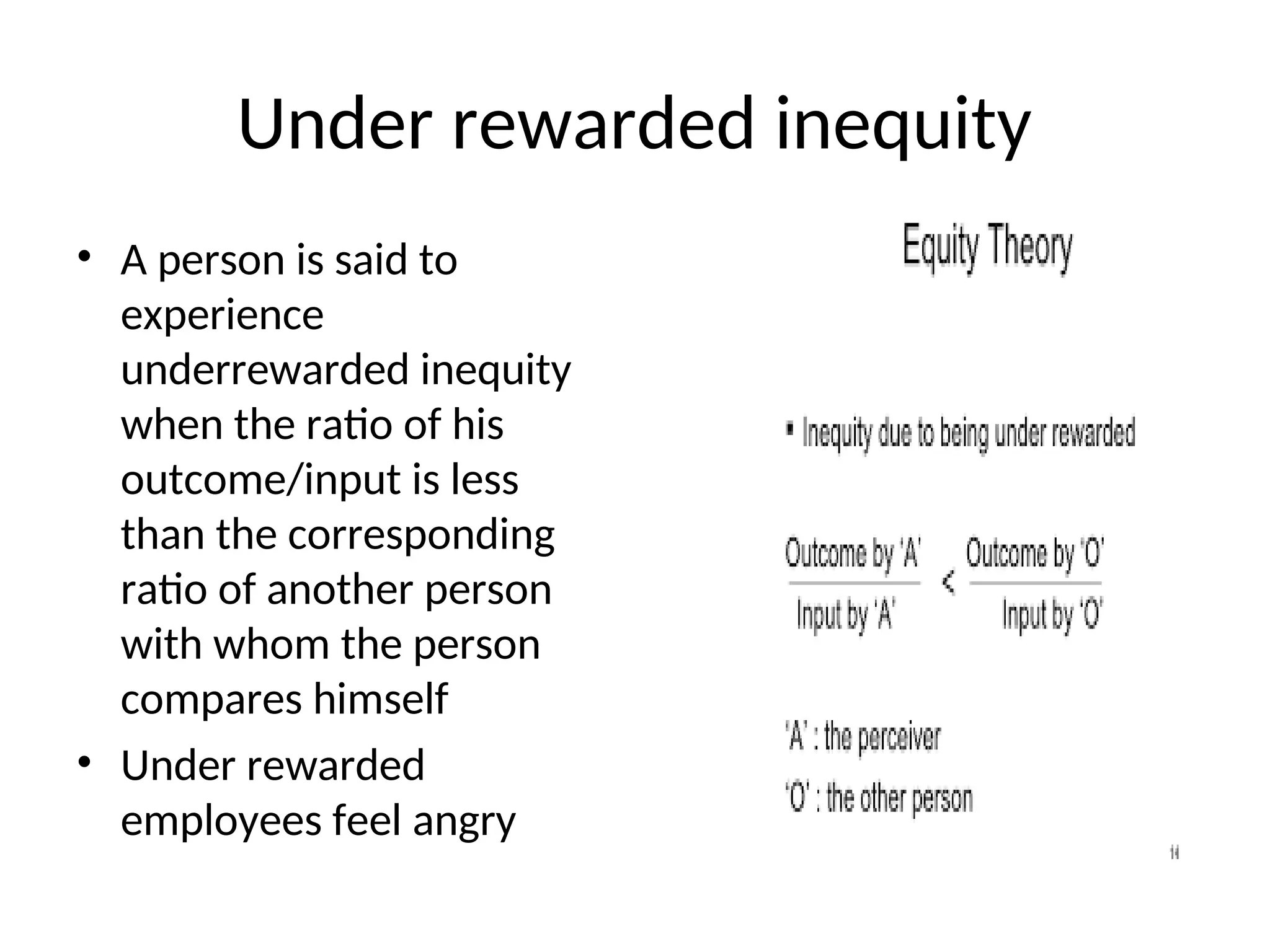 Under rewarded inequity
• A person is said to
experience
underrewarded inequity
when the ratio of his
outcome/input is less
than the corresponding
ratio of another person
with whom the person
compares himself
• Under rewarded
employees feel angry
 