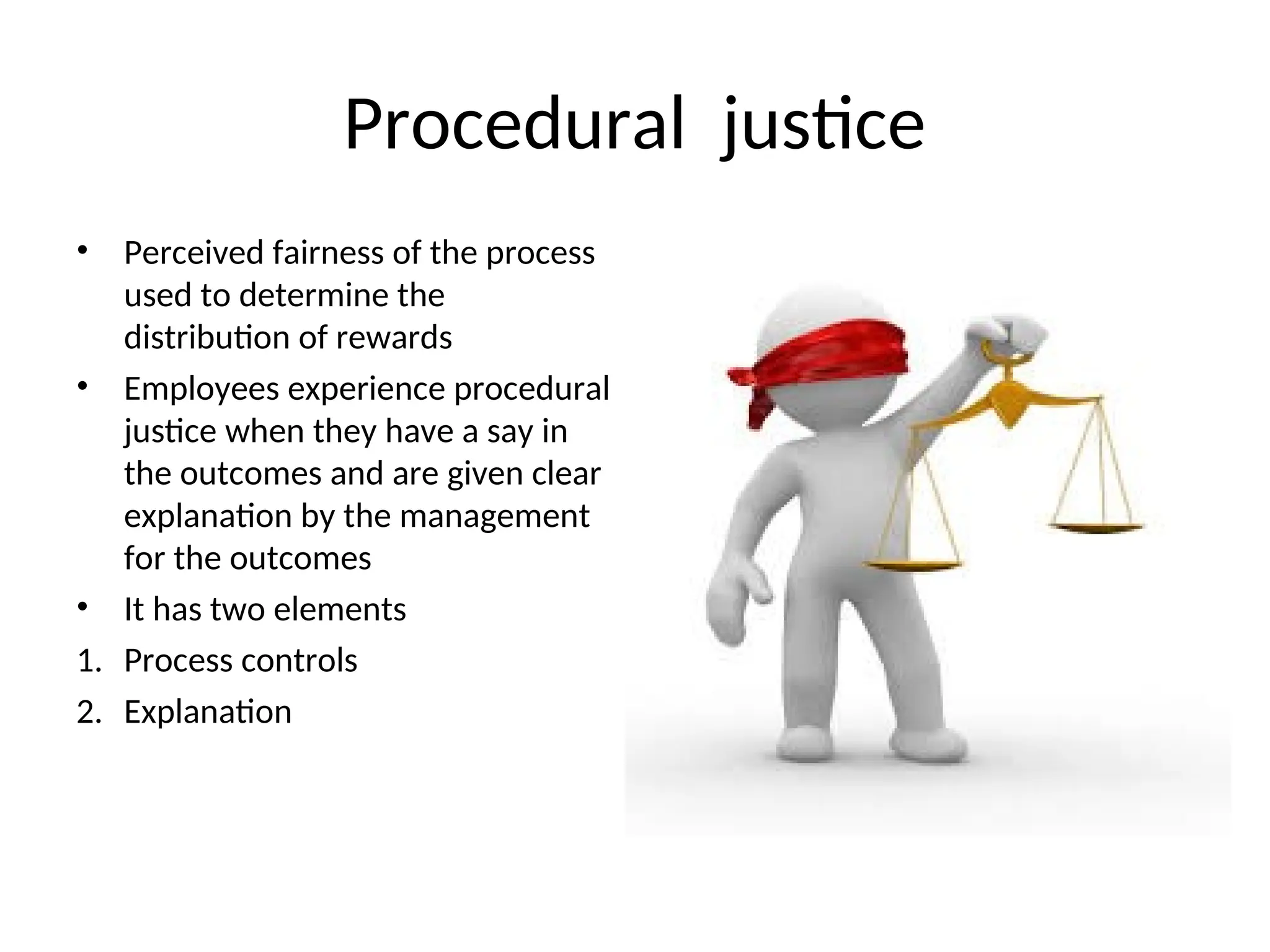 Procedural justice
• Perceived fairness of the process
used to determine the
distribution of rewards
• Employees experience procedural
justice when they have a say in
the outcomes and are given clear
explanation by the management
for the outcomes
• It has two elements
1. Process controls
2. Explanation
 
