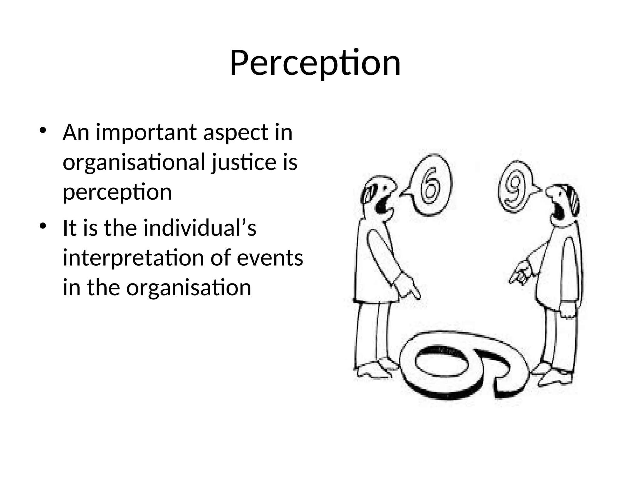 Perception
• An important aspect in
organisational justice is
perception
• It is the individual’s
interpretation of events
in the organisation
 