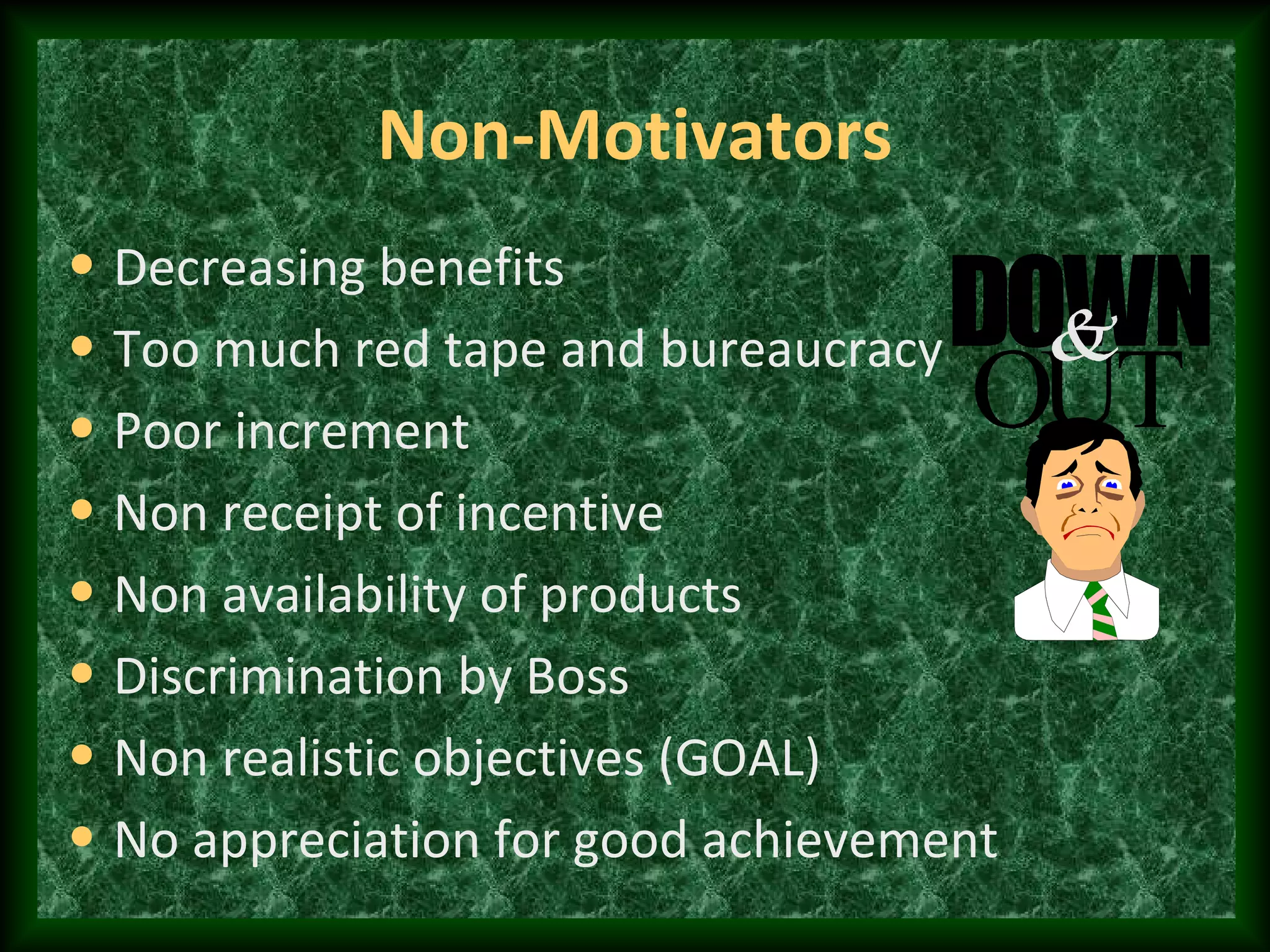Non-Motivators
• Decreasing benefits
• Too much red tape and bureaucracy
• Poor increment
• Non receipt of incentive
• Non availability of products
• Discrimination by Boss
• Non realistic objectives (GOAL)
• No appreciation for good achievement
 