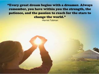 “Every great dream begins with a dreamer. Always
 remember, you have within you the strength, the
 patience, and the passion to reach for the stars to
                change the world.”
                    -Harriet Tubman
 