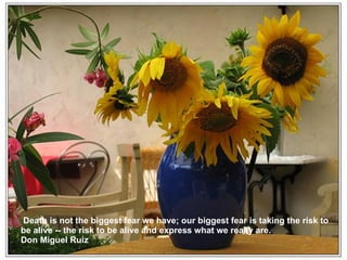 Death is not the biggest fear we have; our biggest fear is taking the risk to be alive -- the risk to be alive and express what we really are. Don Miguel Ruiz 