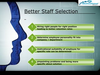 Better Staff Selection
Hiring right people for right position
leading to better retention rates
1
motivational suitability of employee for
specific role can be determined
3
pinpointing problems and being more
specific about solution
4
determine employee personality fit into
company / department
2
 