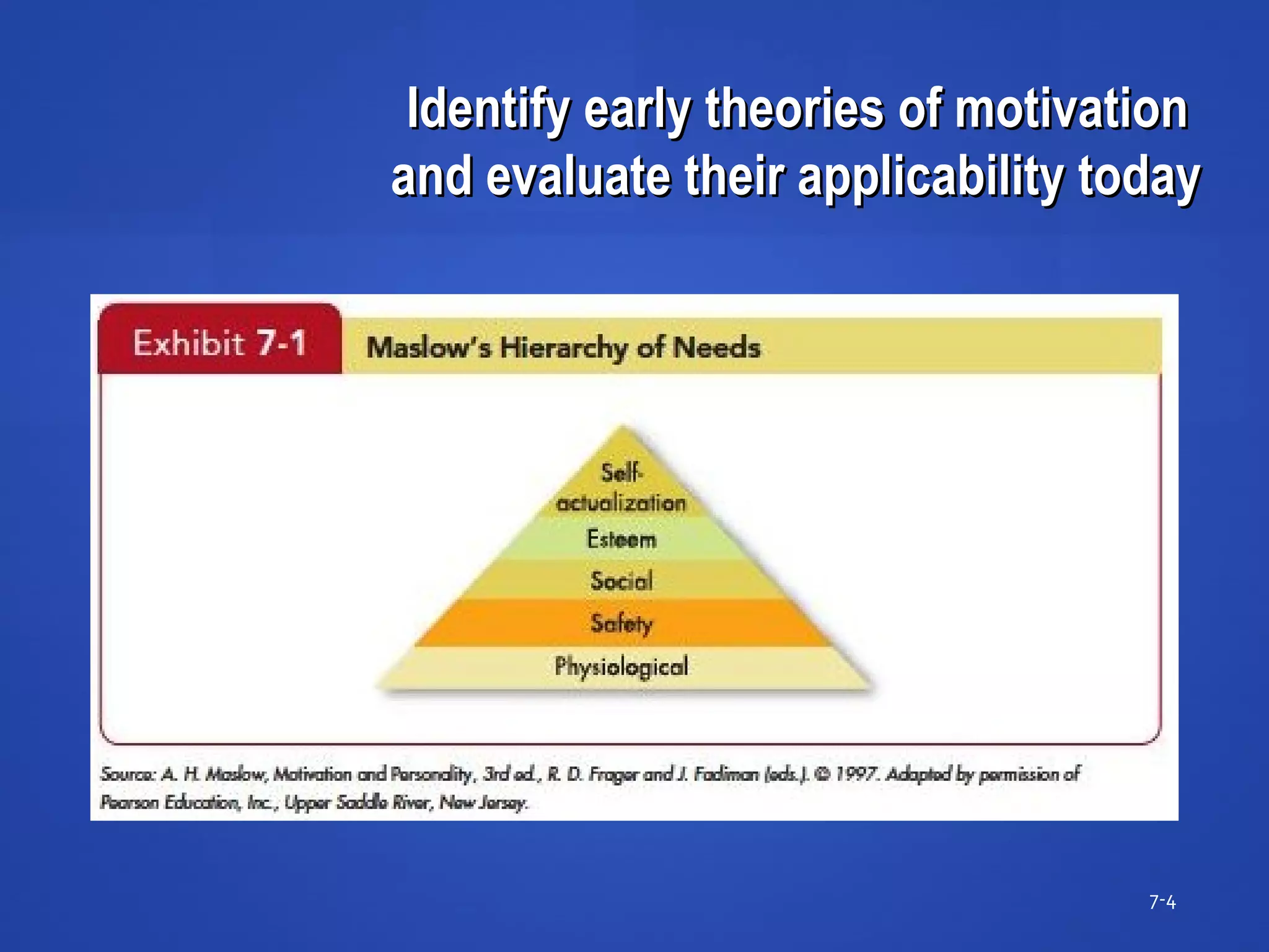 Identify early theories of motivationIdentify early theories of motivation
and evaluate their applicability todayand evaluate their applicability today
7-4
 