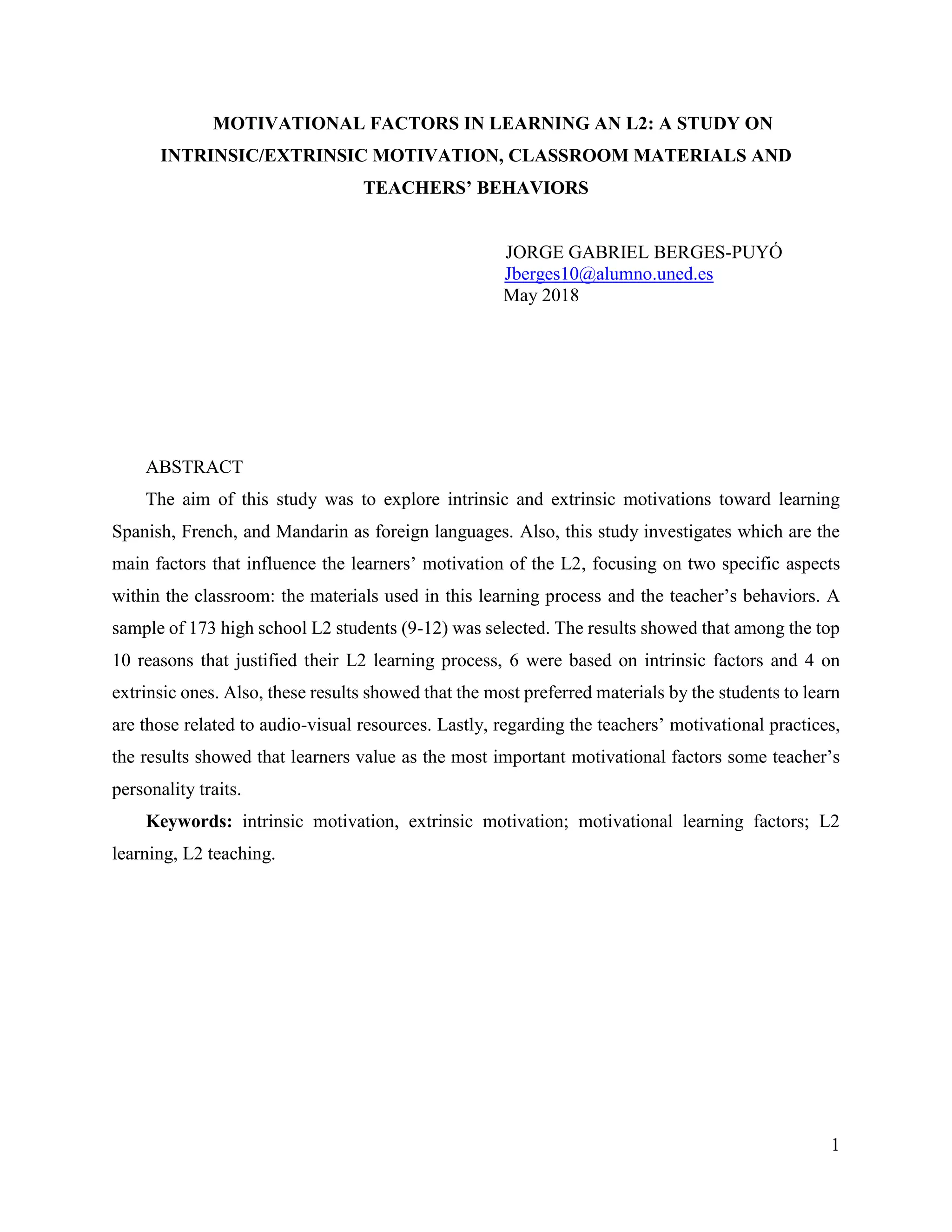Motivational factors in learning an L2. A study on intrinsic/extrinsic ...