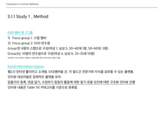 Computers in Human Behavior
3.1.1 Study 1 _ Method
EKD 멤버 중 2그룹
1) Focus group 1: 스탭 멤버
2) Focus group 2: EKD 연수생
Group1은 6명의 스탭으로 구성(여성 1, 남성 5, 30~40대:1명, 50~60대: 5명)
Group2는 10명의 연수생으로 구성(여성 4, 남성 6, 25~35세:10명)
프라이버시 이슈가 중요하기 때문에, 나이를 제외한 데모그라픽 데이터 수집하지 않음
Social Information Spaces
웹2.0 인터넷 툴이라고 소개됨. EKD멤버들 간, 각 필드간 전문가와 지식을 공유할 수 있는 플랫폼.
인터뷰 대상자들은 잠재적인 플랫폼 유저.
읽을거리 등록, 댓글 달기, 수정하기 등등의 활동에 대한 동기 유발 요인에 대한 구조화 인터뷰 진행
인터뷰 내용은 Table 1의 카테고리를 기준으로 분류함.
 