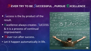 NEVER TRY TO BE SUCCESSFUL , PURSUE EXCELLENCE
•Success is the by product of the 
result.
• Excellence always creates SUCCESS 
& it is a process of continual 
improvement.
•Never run after success.
• Let it happen automatically in life.
 