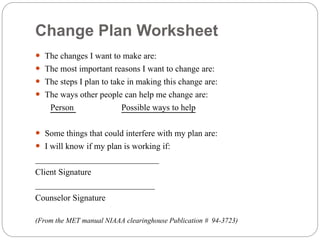 Change Plan Worksheet
 The changes I want to make are:
 The most important reasons I want to change are:
 The steps I plan to take in making this change are:
 The ways other people can help me change are:
Person Possible ways to help
 Some things that could interfere with my plan are:
 I will know if my plan is working if:
_____________________________
Client Signature
____________________________
Counselor Signature
(From the MET manual NIAAA clearinghouse Publication # 94-3723)
 