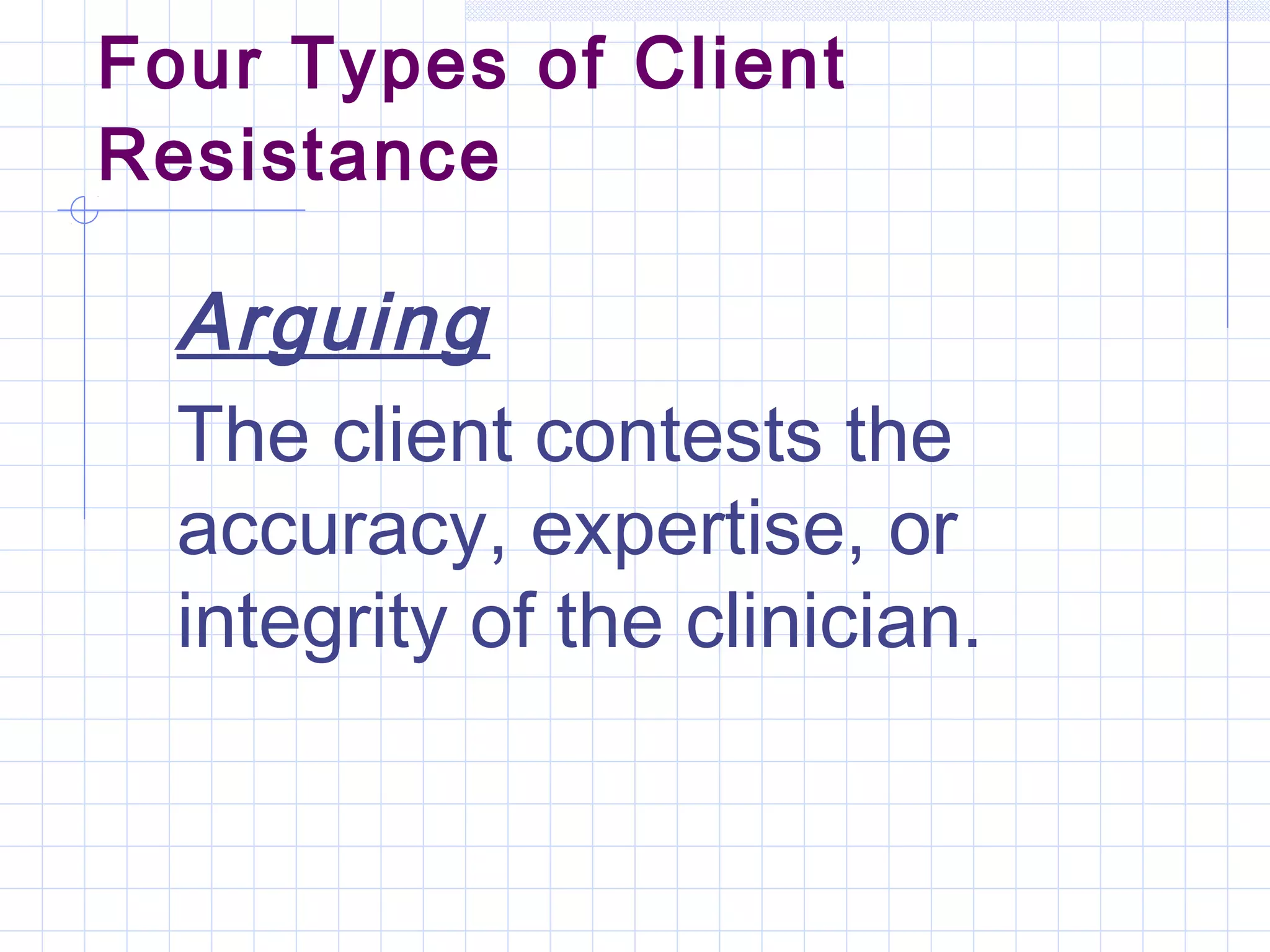 Four Types of Client
Resistance
Arguing
The client contests the
accuracy, expertise, or
integrity of the clinician.
 