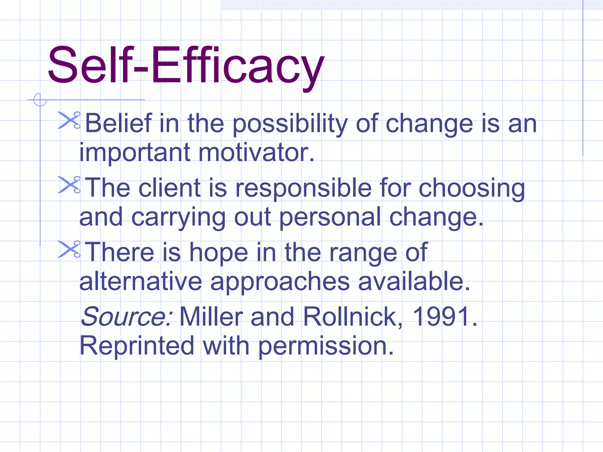 Self-Efficacy
Belief in the possibility of change is an
important motivator.
The client is responsible for choosing
and carrying out personal change.
There is hope in the range of
alternative approaches available.
Source: Miller and Rollnick, 1991.
Reprinted with permission.
 