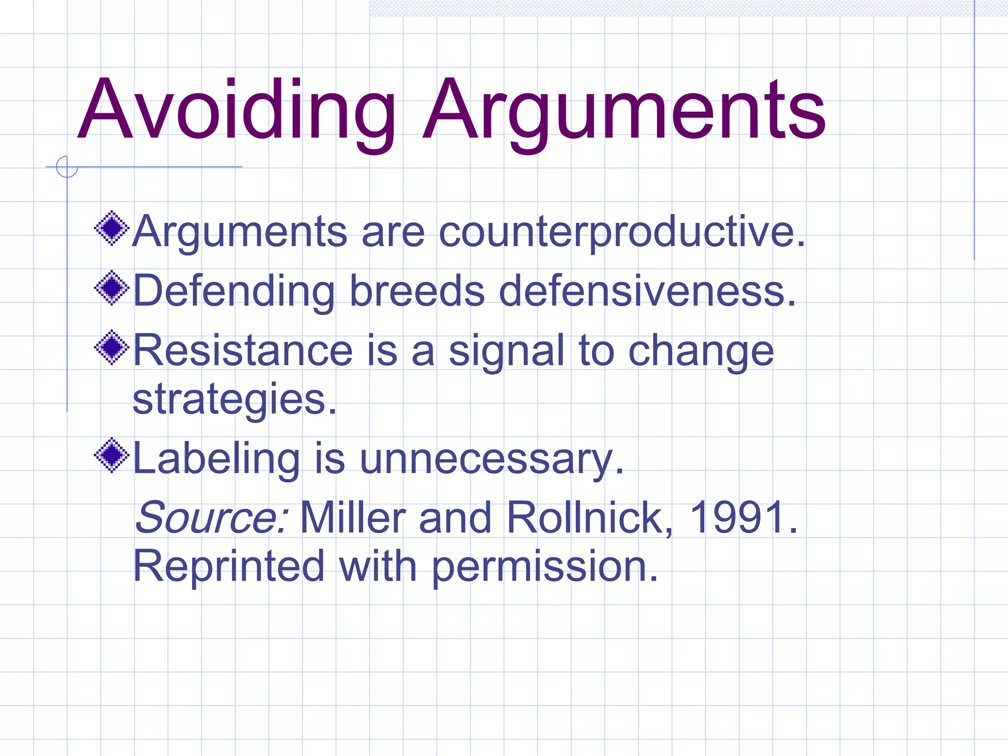 Avoiding Arguments
Arguments are counterproductive.
Defending breeds defensiveness.
Resistance is a signal to change
strategies.
Labeling is unnecessary.
Source: Miller and Rollnick, 1991.
Reprinted with permission.
 