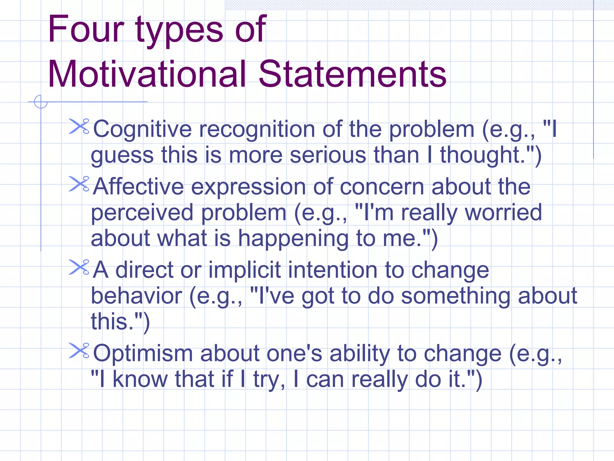 Four types of
Motivational Statements
Cognitive recognition of the problem (e.g., "I
guess this is more serious than I thought.")
Affective expression of concern about the
perceived problem (e.g., "I'm really worried
about what is happening to me.")
A direct or implicit intention to change
behavior (e.g., "I've got to do something about
this.")
Optimism about one's ability to change (e.g.,
"I know that if I try, I can really do it.")
 