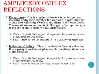 AMPLIFIED/COMPLEX
REFLECTIONS
   Paraphrase – This is a major statement in which you are
    inferring or drawing together the meaning in what they are
    saying and reflecting it back to the client in different words.
    You are adding something to it. The goal of paraphrasing is
    to get the client to explore and clarify issues.
 
     Client: “I really hate my job. Everyone is always on my case to
      do this and get that done….”
     Staff: “Sounds like the pressure is too much for you right now”
 
   Reflection of feeling – This is the deepest form of reflection.
    It is a paraphrase that emphasizes the emotional dimension
    of the message.
 
     Client: “I really hate my job. Everyone is always on my case to
      do this and get that done….”
     Staff: “Sounds like you are really frustrated right now.”
 