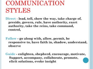 COMMUNICATION
STYLES
Direct - lead, tell, show the way, take charge of,
 preside, govern, rule, have authority, exert
 authority, take the reins, take command,
 control,

Follow - go along with, allow, permit, be
 responsive to, have faith in, shadow, understand,
 observe

Guide - enlighten, shepherd, encourage, motivate,
 Support, accompany, collaborate, promote,
 elicit solutions, evoke insight
 