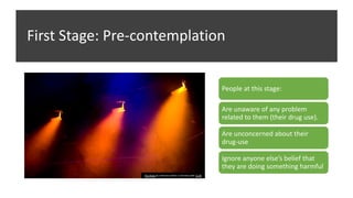 First Stage: Pre-contemplation
People at this stage:
Are unaware of any problem
related to them (their drug use).
Are unconcerned about their
drug-use
Ignore anyone else’s belief that
they are doing something harmful
This Photo by Unknown author is licensed under CC BY.
 