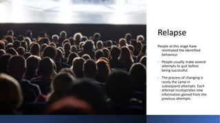 Relapse
People at this stage have
reinitiated the identified
behaviour.
• People usually make several
attempts to quit before
being successful.
• The process of changing is
rarely the same in
subsequent attempts. Each
attempt incorporates new
information gained from the
previous attempts.
 