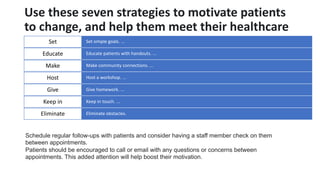 Use these seven strategies to motivate patients
to change, and help them meet their healthcare
goals: Set simple goals. ...
Set
Educate patients with handouts. ...
Educate
Make community connections. ...
Make
Host a workshop. ...
Host
Give homework. ...
Give
Keep in touch. ...
Keep in
Eliminate obstacles.
Eliminate
Schedule regular follow-ups with patients and consider having a staff member check on them
between appointments.
Patients should be encouraged to call or email with any questions or concerns between
appointments. This added attention will help boost their motivation.
 