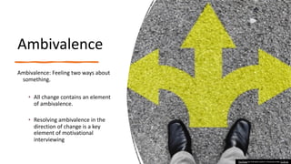 Ambivalence
Ambivalence: Feeling two ways about
something.
• All change contains an element
of ambivalence.
• Resolving ambivalence in the
direction of change is a key
element of motivational
interviewing
This Photo by Unknown author is licensed under CC BY-SA.
 