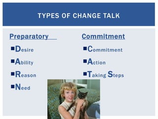Use Your:
Elaboration or Example (Ask for)
Affirm
Reflect
Summarize
RECOGNIZING AND RESPONDING
TO CHANGE TALK
 