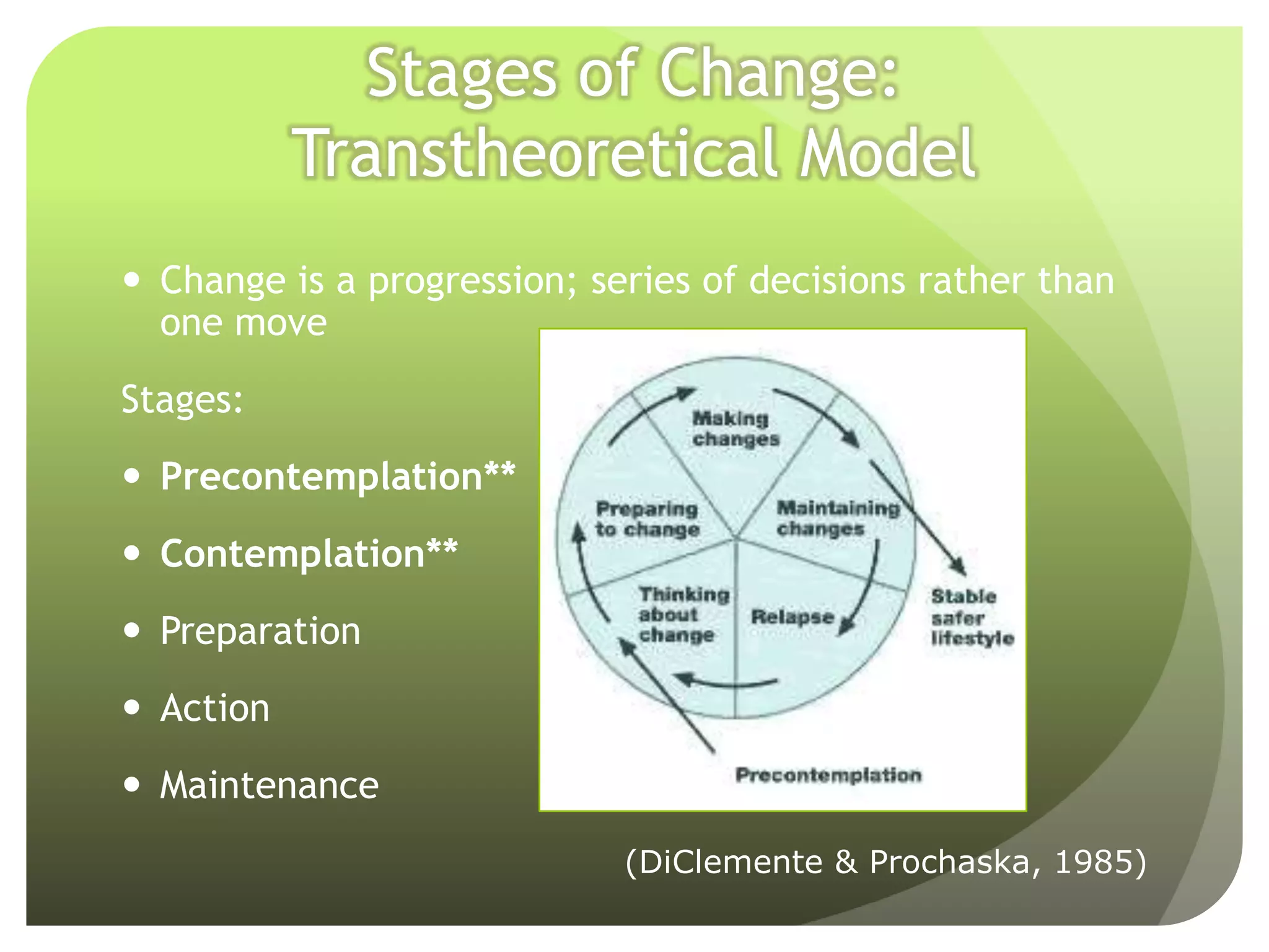 Stages of Change:
           Transtheoretical Model
 Change is a progression; series of decisions rather than
  one move
Stages:
 Precontemplation**
 Contemplation**
 Preparation
 Action
 Maintenance
                             (DiClemente & Prochaska, 1985)
 