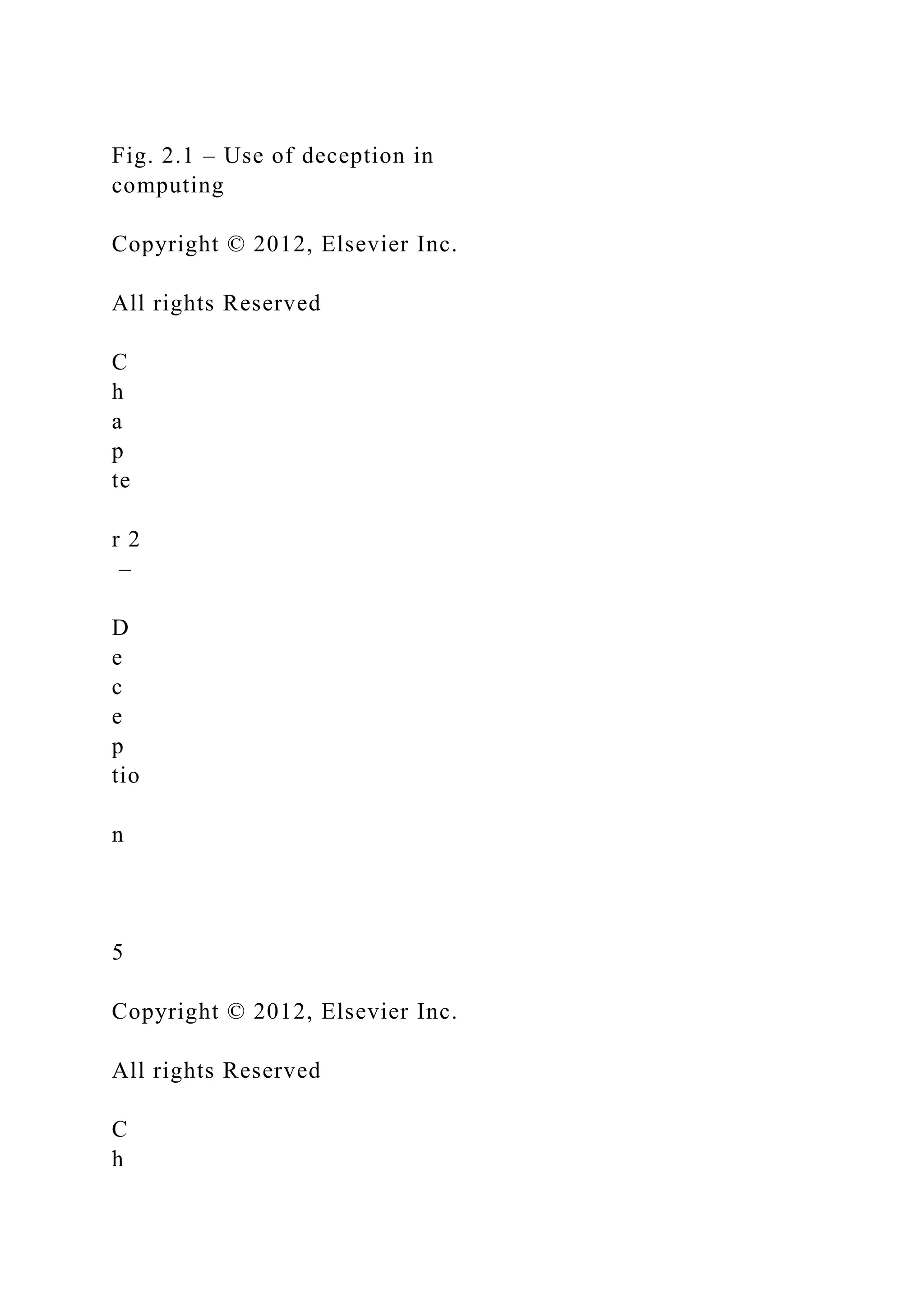 Fig. 2.1 – Use of deception in
computing
Copyright © 2012, Elsevier Inc.
All rights Reserved
C
h
a
p
te
r 2
–
D
e
c
e
p
tio
n
5
Copyright © 2012, Elsevier Inc.
All rights Reserved
C
h
 