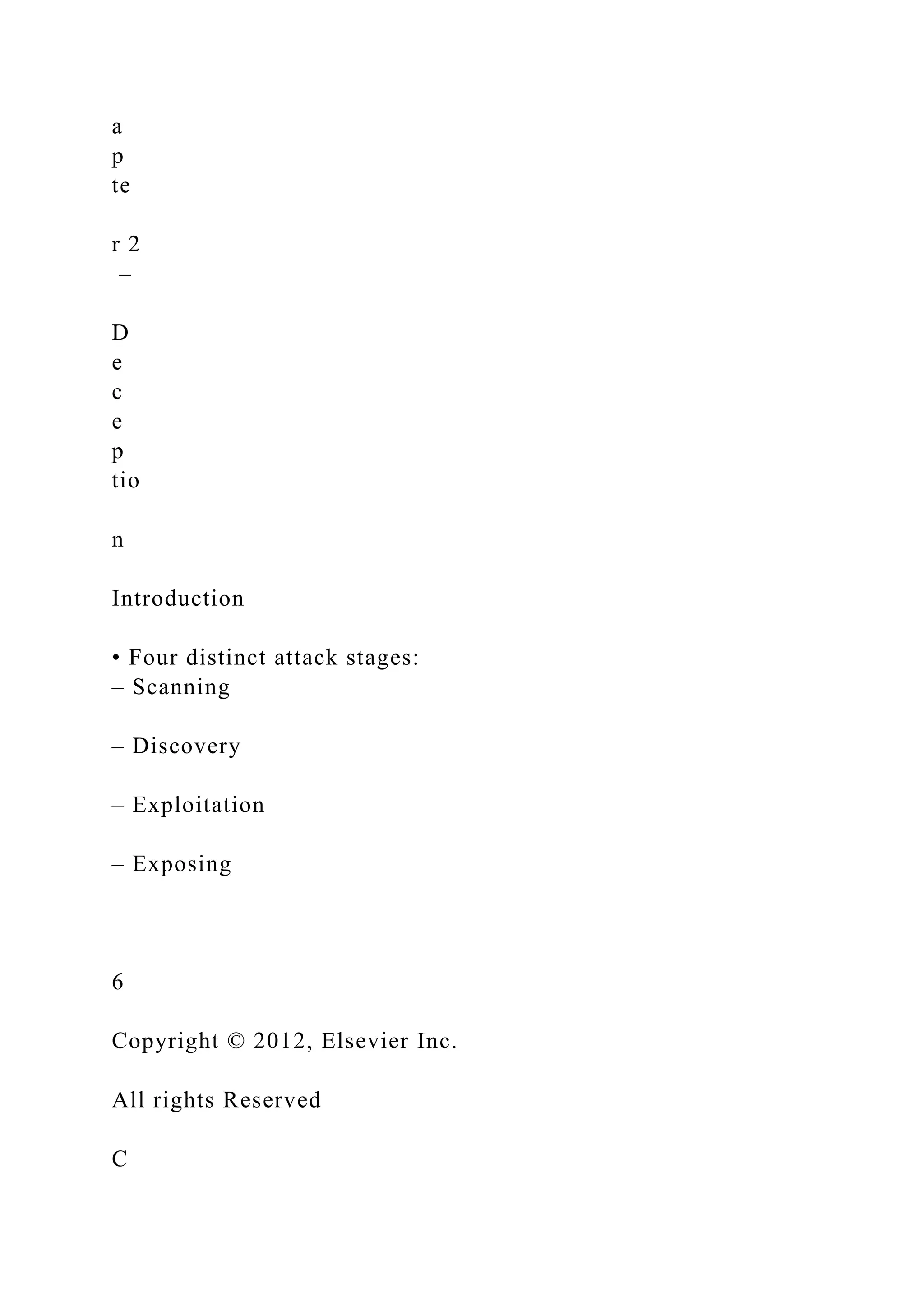 a
p
te
r 2
–
D
e
c
e
p
tio
n
Introduction
• Four distinct attack stages:
– Scanning
– Discovery
– Exploitation
– Exposing
6
Copyright © 2012, Elsevier Inc.
All rights Reserved
C
 
