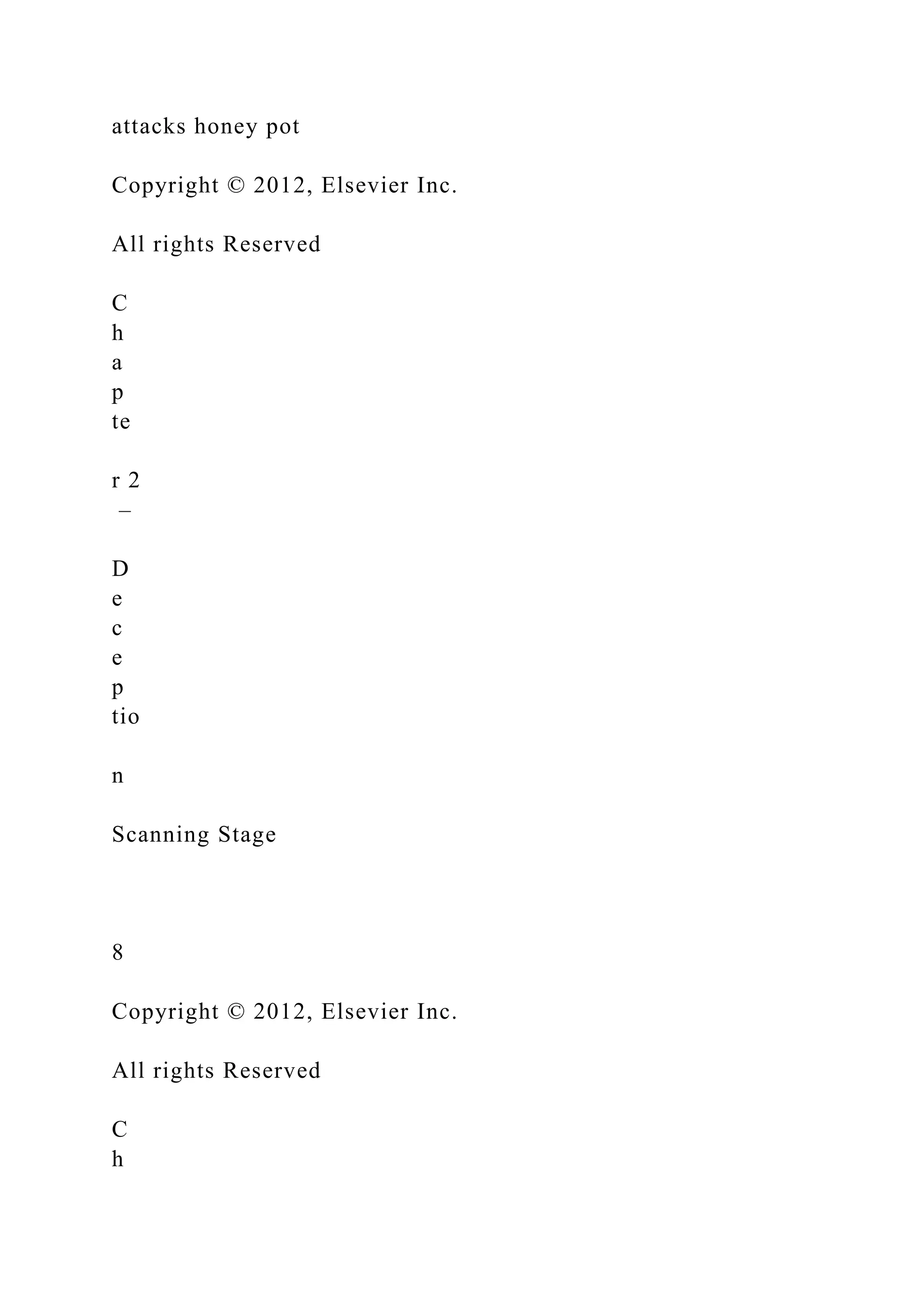 attacks honey pot
Copyright © 2012, Elsevier Inc.
All rights Reserved
C
h
a
p
te
r 2
–
D
e
c
e
p
tio
n
Scanning Stage
8
Copyright © 2012, Elsevier Inc.
All rights Reserved
C
h
 
